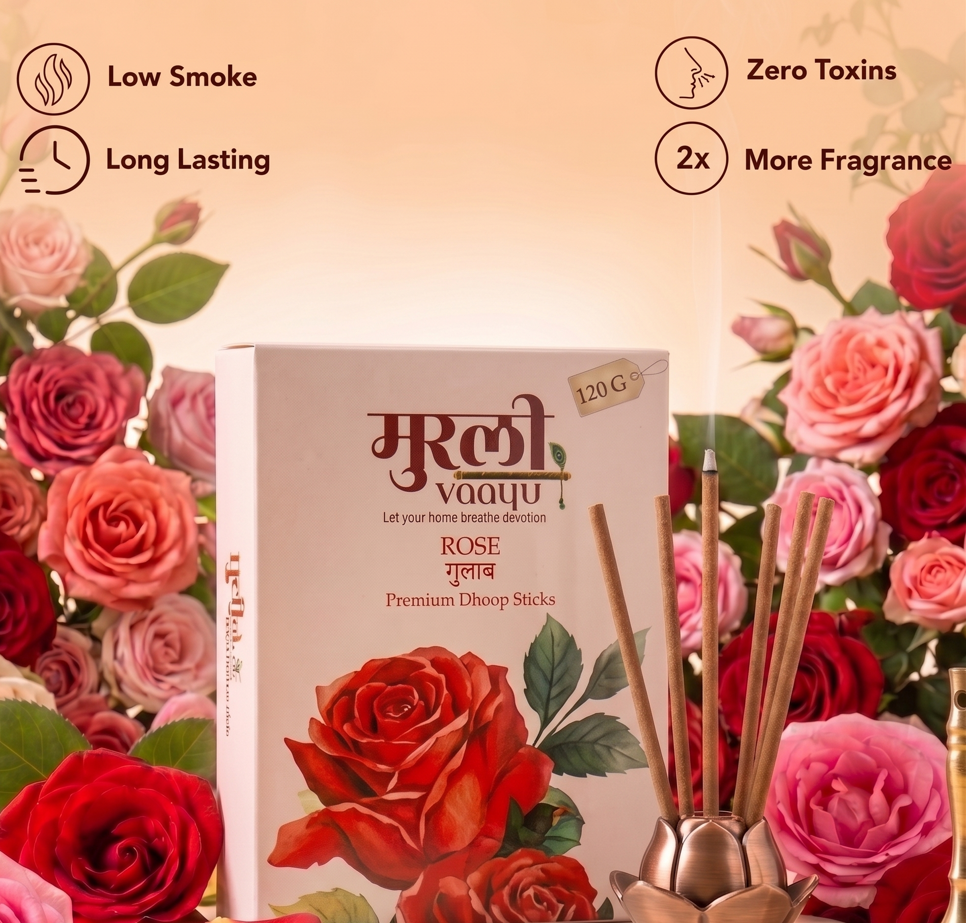 Rose Dhoop Sticks 120g by Murli Vaayu | Premium Bambooless Incense