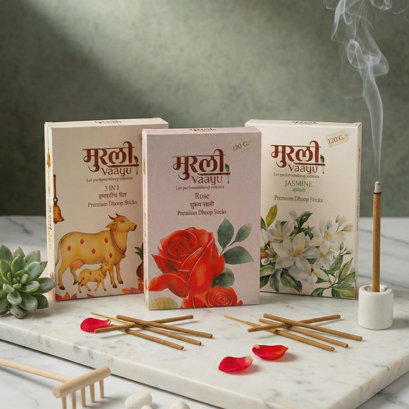 Premium 3-in-1 Dhoop Stick Pack – Anantleela, Rose & Jasmine – Long-Lasting, Aromatic, Puja & Meditation Fragrance – 120g Each