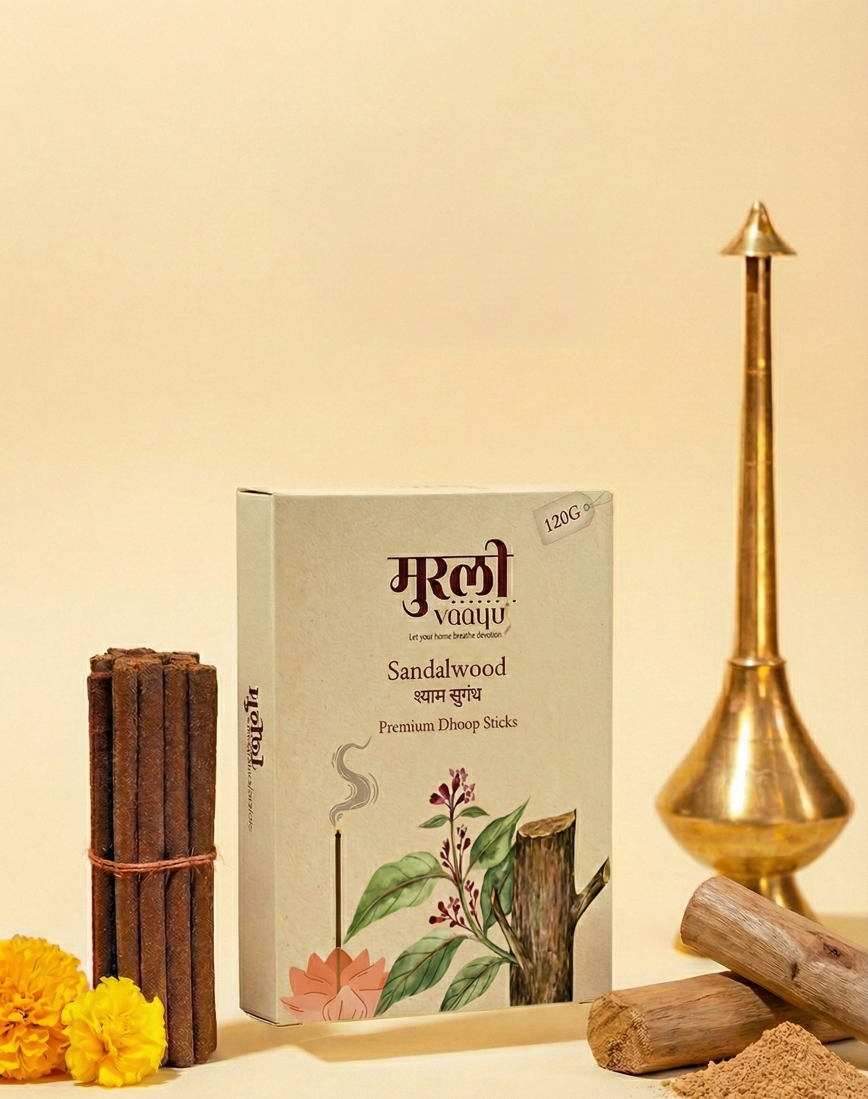Premium Sandalwood Bambooless Dhoop Sticks – 120g | Long-Lasting Aromatic Incense for Puja & Meditation